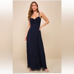 💫SALE Lulu’s Certainly Lovely Navy Blue Pleated Bustier Maxi Bridesmaid Dress
